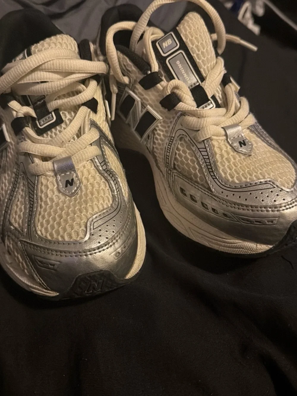 New Balance Kids Silver and Cream Mesh Sneakers
